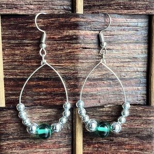 Oval Silver and Emerald Bead Hoop Earrings